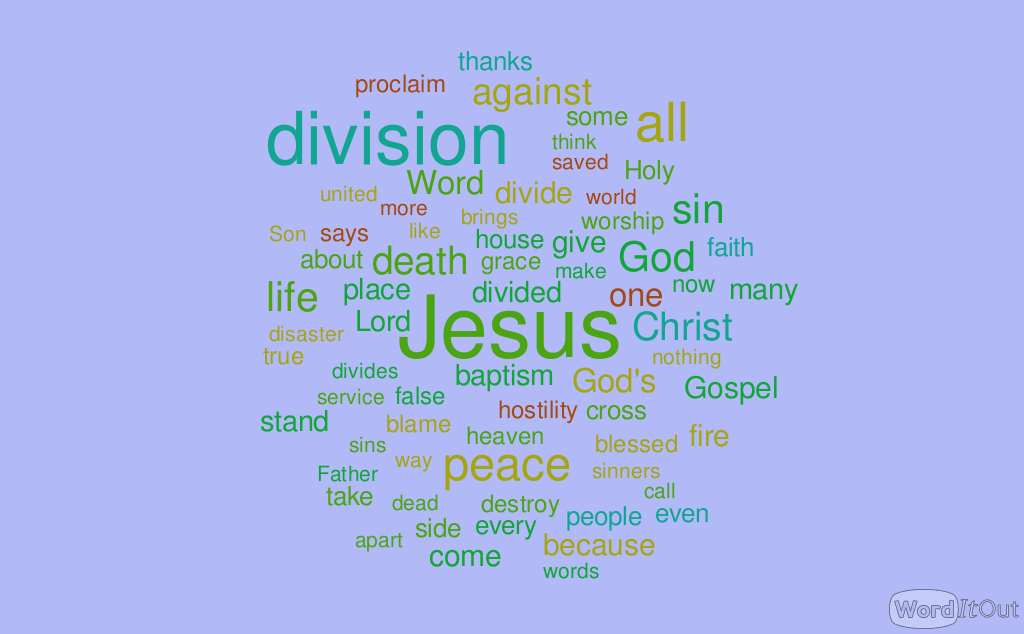 A word cloud featuring key themes from a sermon on division in faith, with prominent words like 'Jesus,' 'division,' 'peace,' 'sin,' and 'life.'