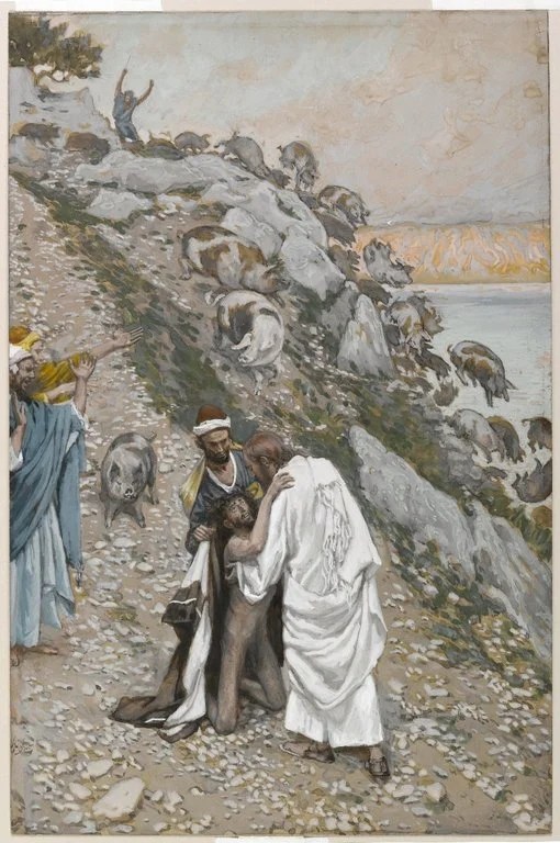 Jesus embracing a previously possessed man among the tombs, while onlookers watch in the background and pigs are seen nearby, highlighting the scene of healing and redemption.