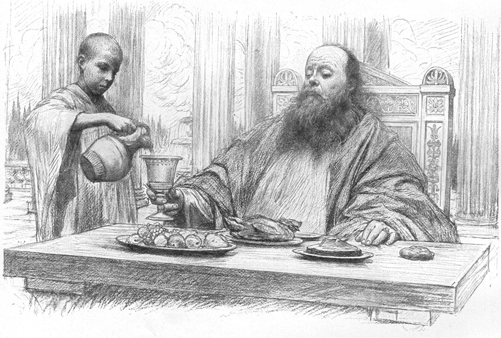 A seated wealthy man with a long beard holds a cup while a young servant pours from a pitcher, surrounded by a lavish meal on a table.
