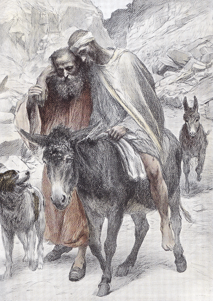 An artistic depiction of two men, one riding a donkey and the other walking beside it, set in a rocky landscape. Two dogs accompany them in the foreground.