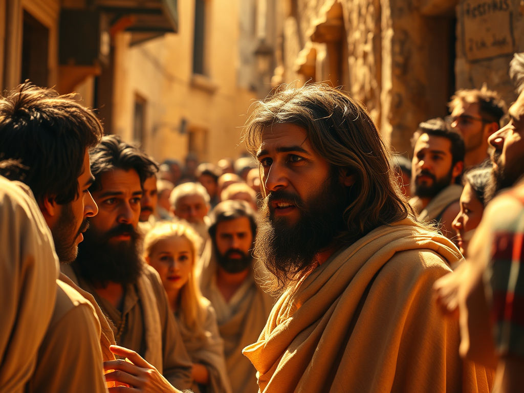 A scene depicting a group of people engaged in a heated discussion or debate, with a central figure wearing a robe and expressing intense emotions.