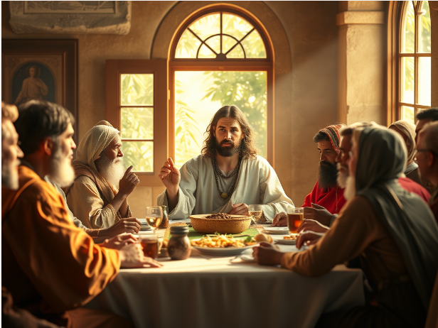 A group of people gathered around a table, with a central figure in white robes, believed to be Jesus, engaged in conversation during a meal. The setting features warm lighting and a window showing greenery outside.