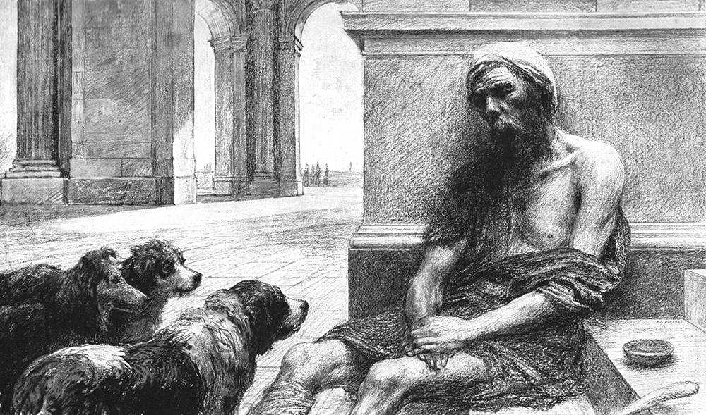 A showing of a beggar, Lazarus, seated on the ground in tattered clothing, surrounded by dogs. He appears weak and despondent, with visible sores on his body, in a setting that suggests neglect and poverty.