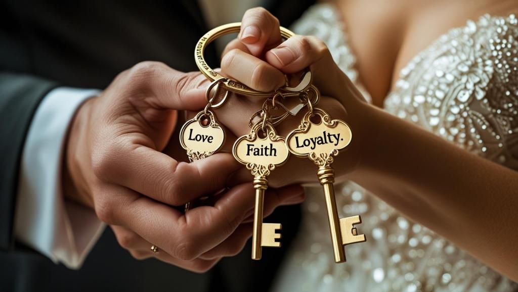 A close-up of a couple's hands holding decorative keys labeled 'Love,' 'Faith,' and 'Loyalty,' symbolizing commitment and unity.