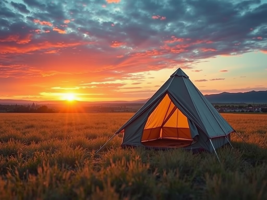 A tent in a field during sunset, with vibrant sky colors and a warm glow from the tent's opening.