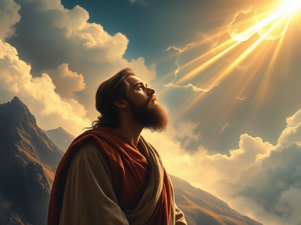 A man with long hair and a beard, wearing a robe, gazes upwards toward rays of sunlight piercing through clouds over mountainous terrain.