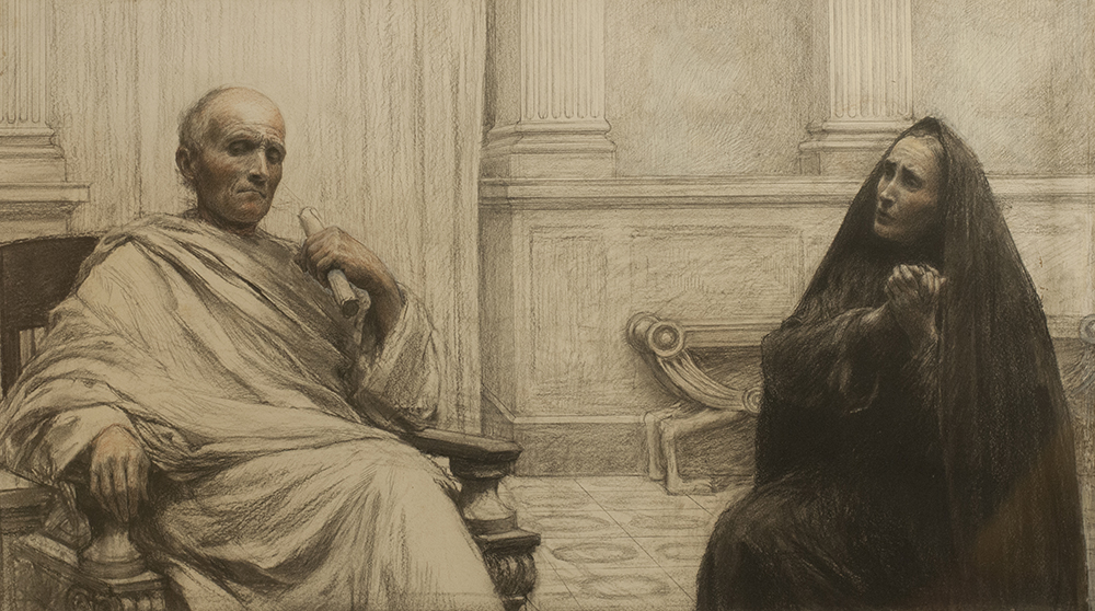 A woman in a black dress pleading in front of an indifferent judge in a classical courtroom setting.