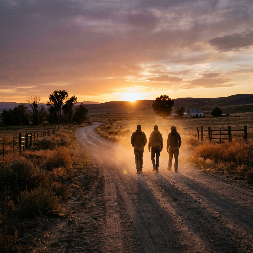 Three people walking on a dusty dirt road during sunset in a rural area