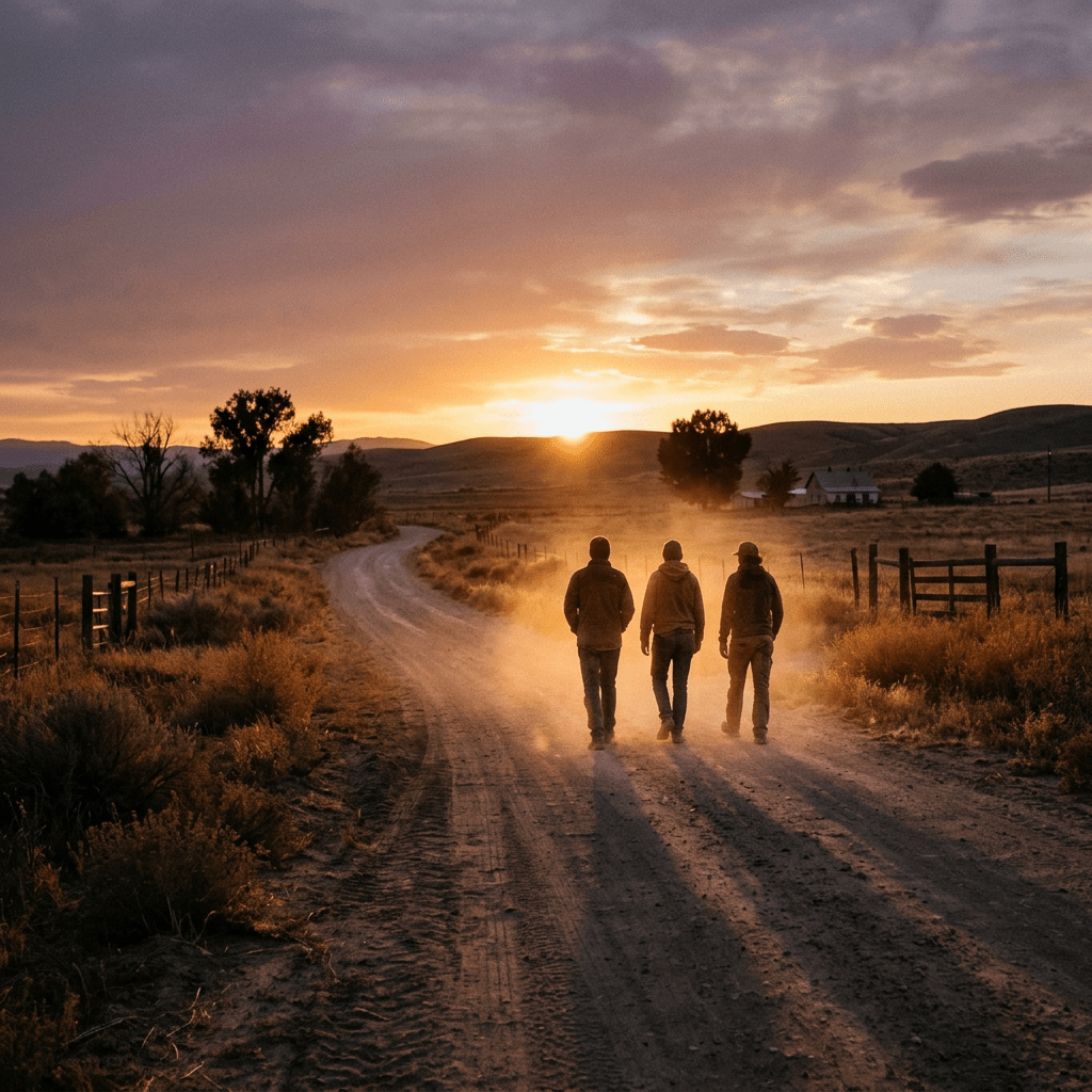 Three people walking on a dusty dirt road during sunset in a rural area