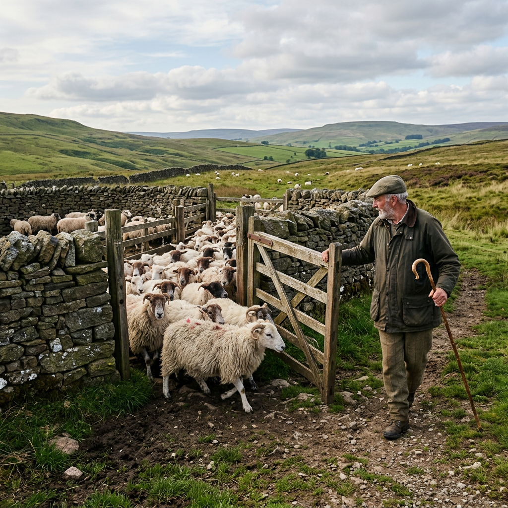 Shepherd opening wooden gate for flock of sheep in green countryside