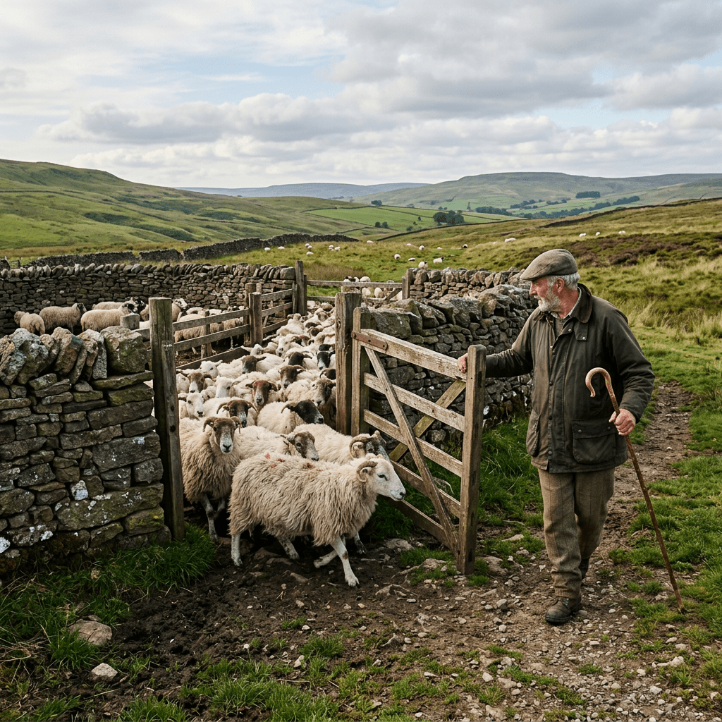 Shepherd opening wooden gate for flock of sheep in green countryside