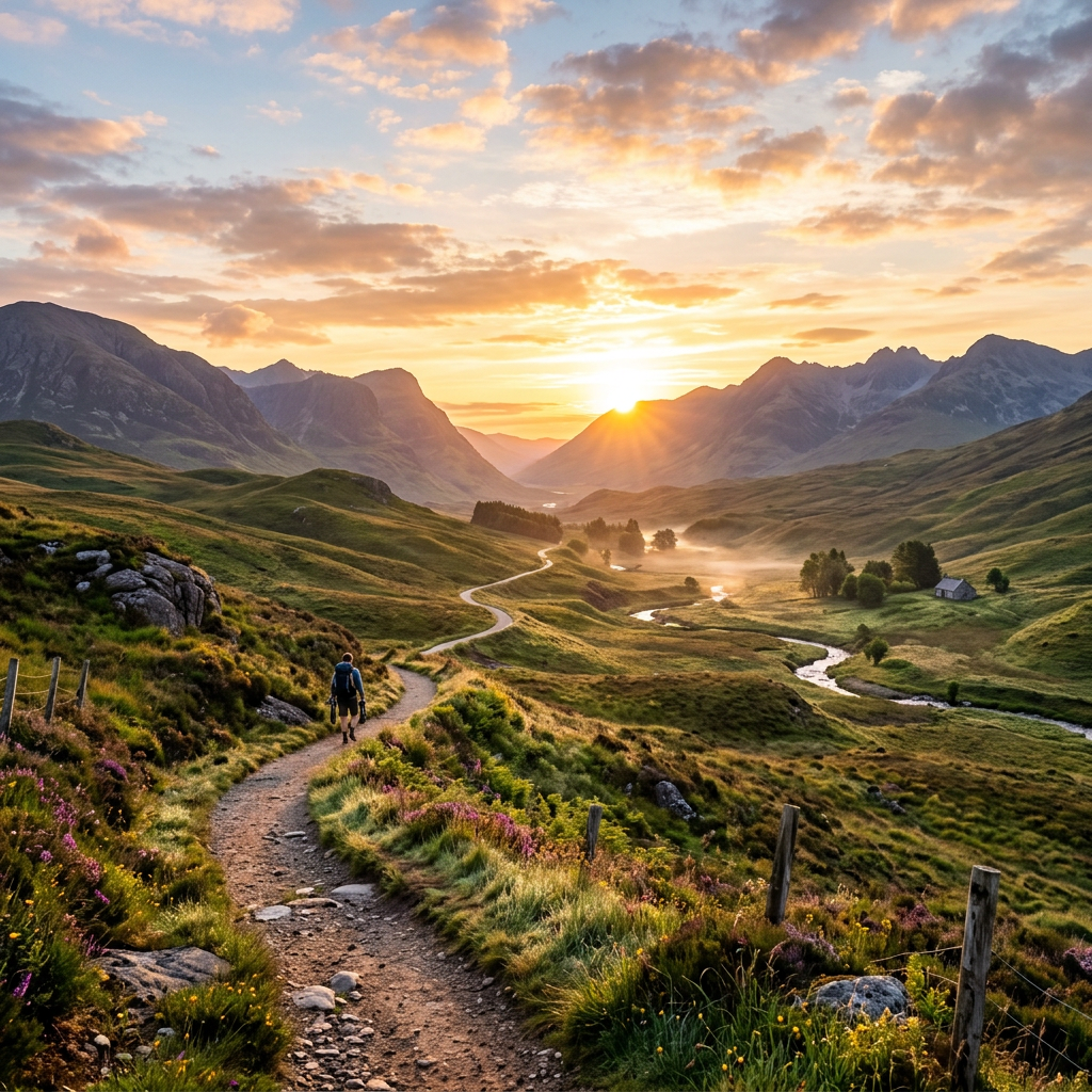 Hiker on winding trail in green valley with mountains at sunset