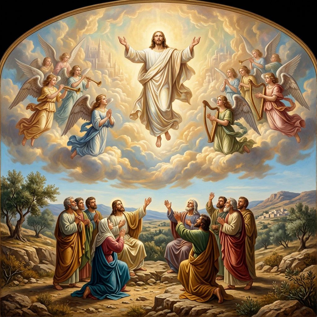 Jesus ascending to heaven with angels playing instruments and disciples watching below