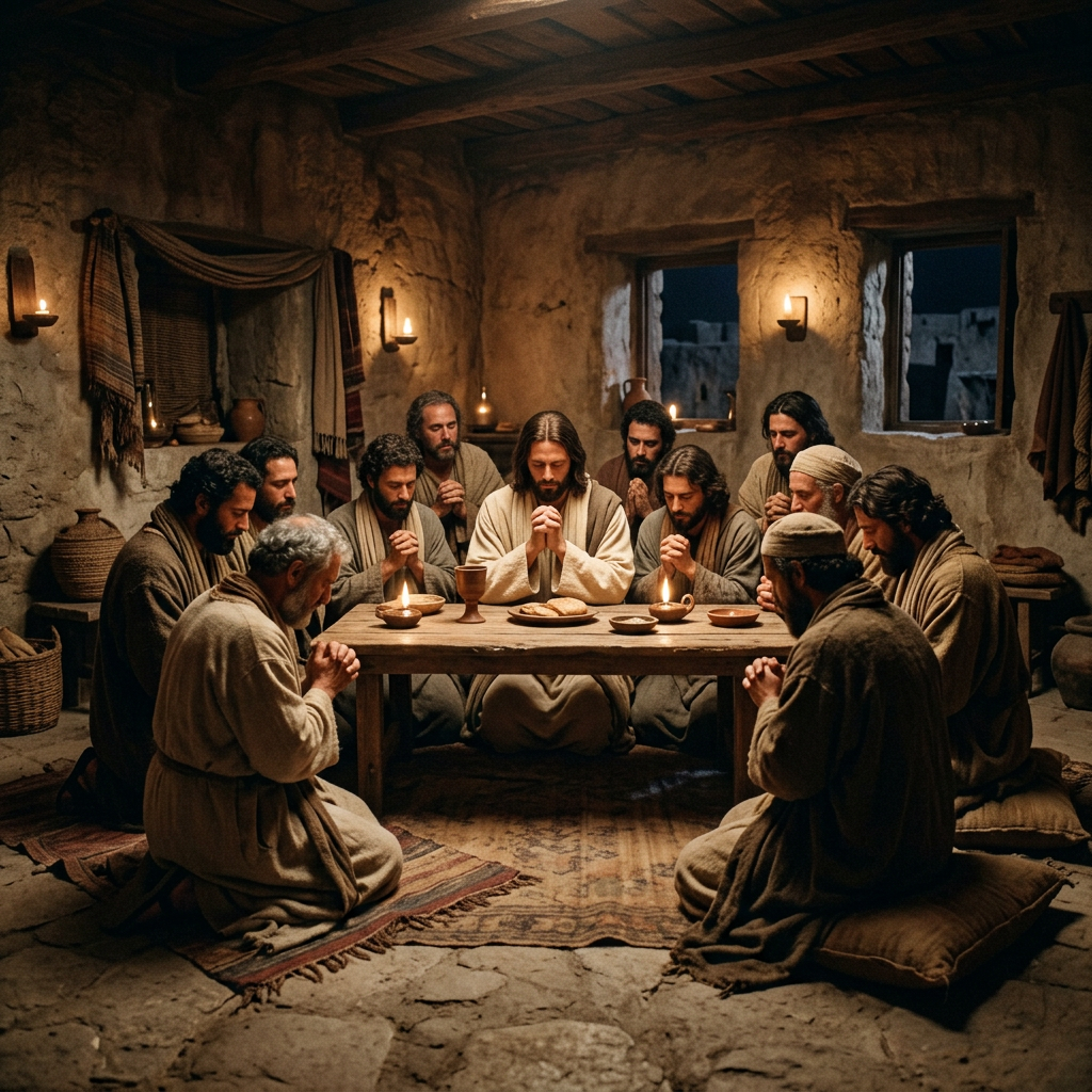 Twelve men kneeling in prayer around a table with bread and cups inside a rustic room