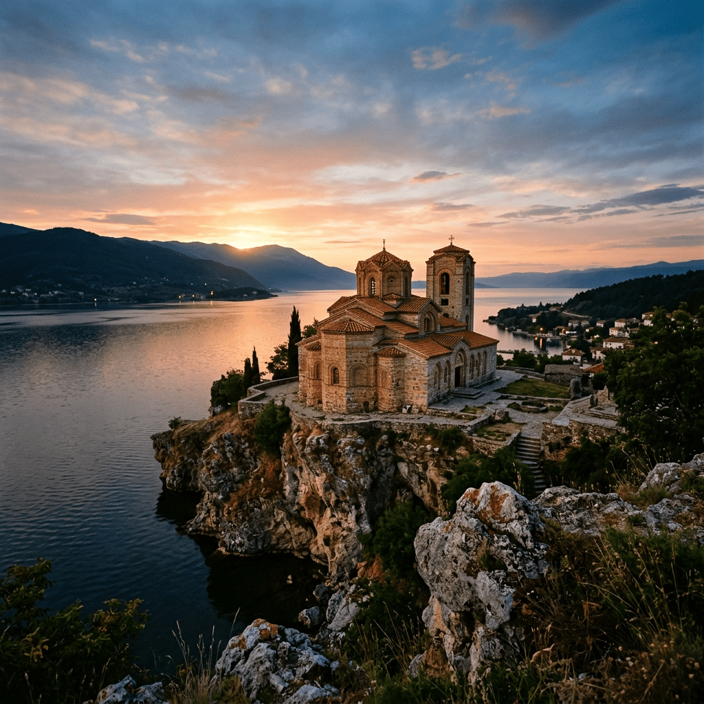 Stone church on a rocky lakeside peninsula at sunset