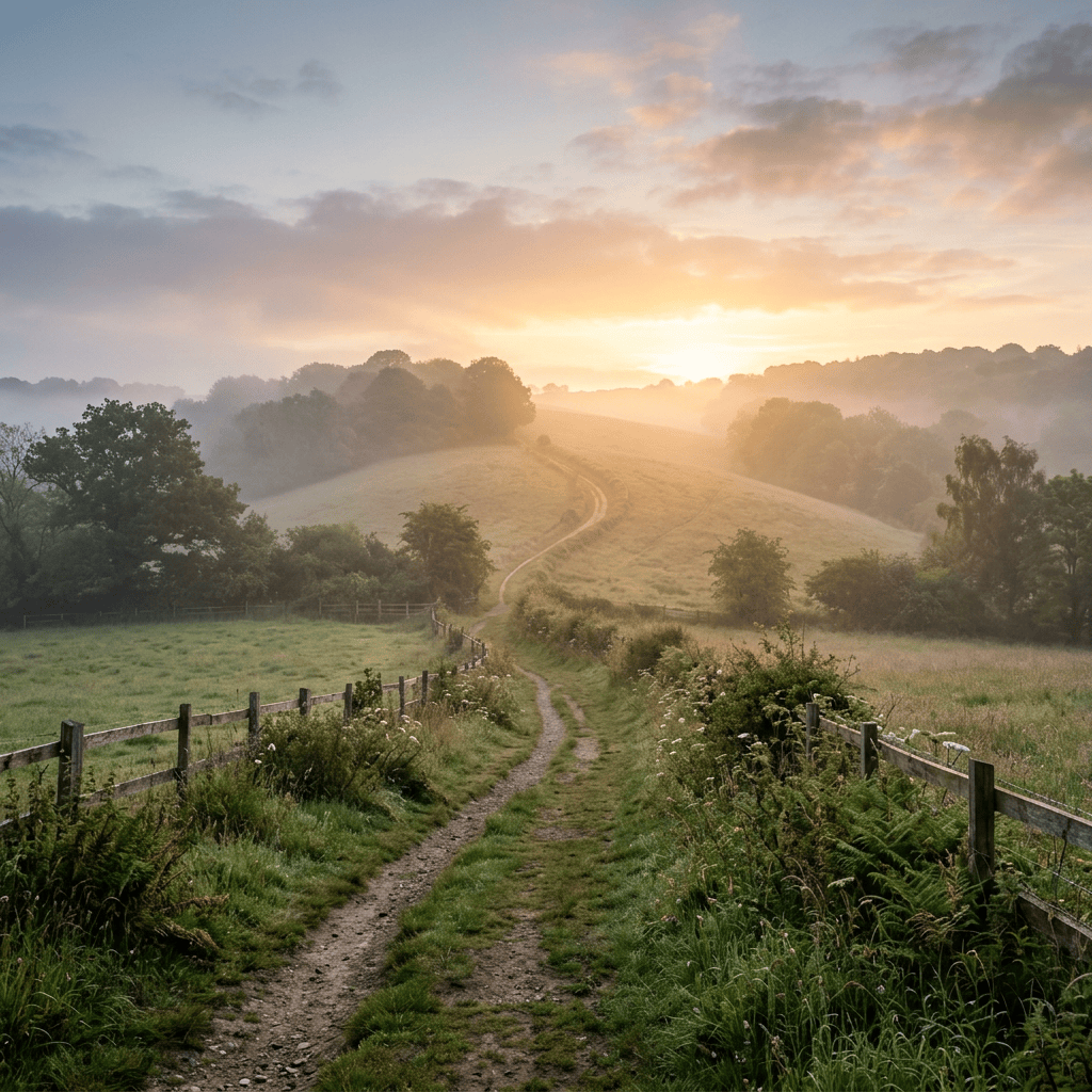 Winding dirt path through misty meadows toward sunrise